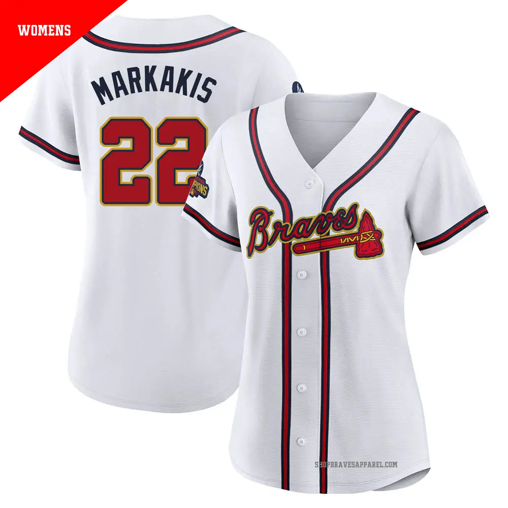 Women's ＃22 Nick Markakis Atlanta Braves Gold Authentic White 2022 Program Jersey