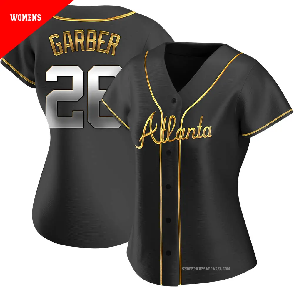 Women's ＃26 Gene Garber Atlanta Braves Gold Replica Black en Alternate Jersey