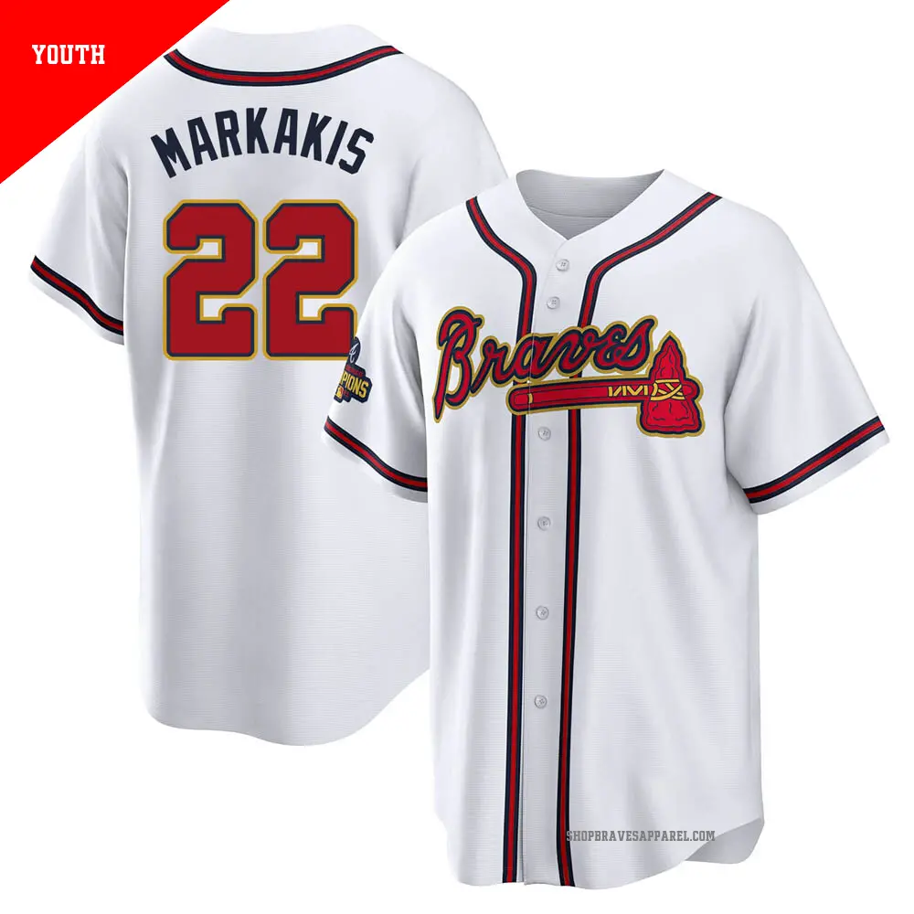 Youth ＃22 Nick Markakis Atlanta Braves Gold Replica White 2022 Program Jersey