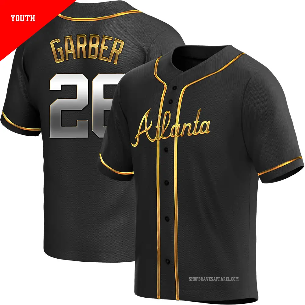 Youth ＃26 Gene Garber Atlanta Braves Gold Replica Black en Alternate Jersey